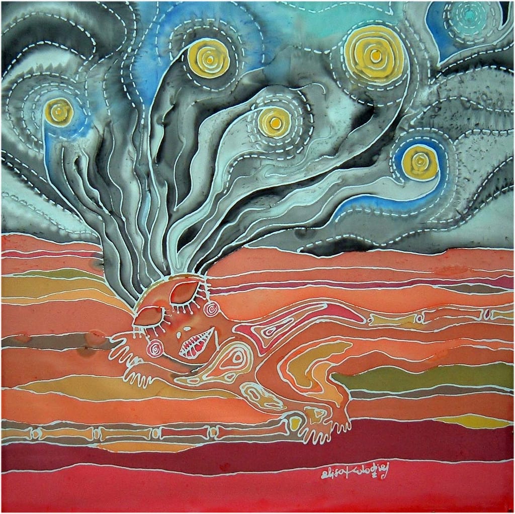 Silk painting of a woman sleeping inside the Earth