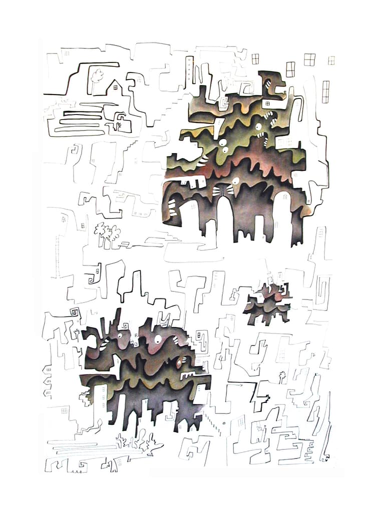 Ink design with what you see from inside a city