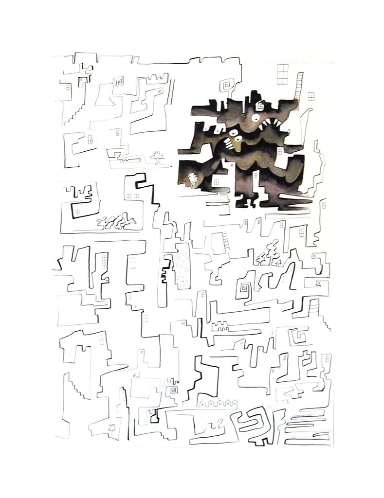 Ink design with interior of a city