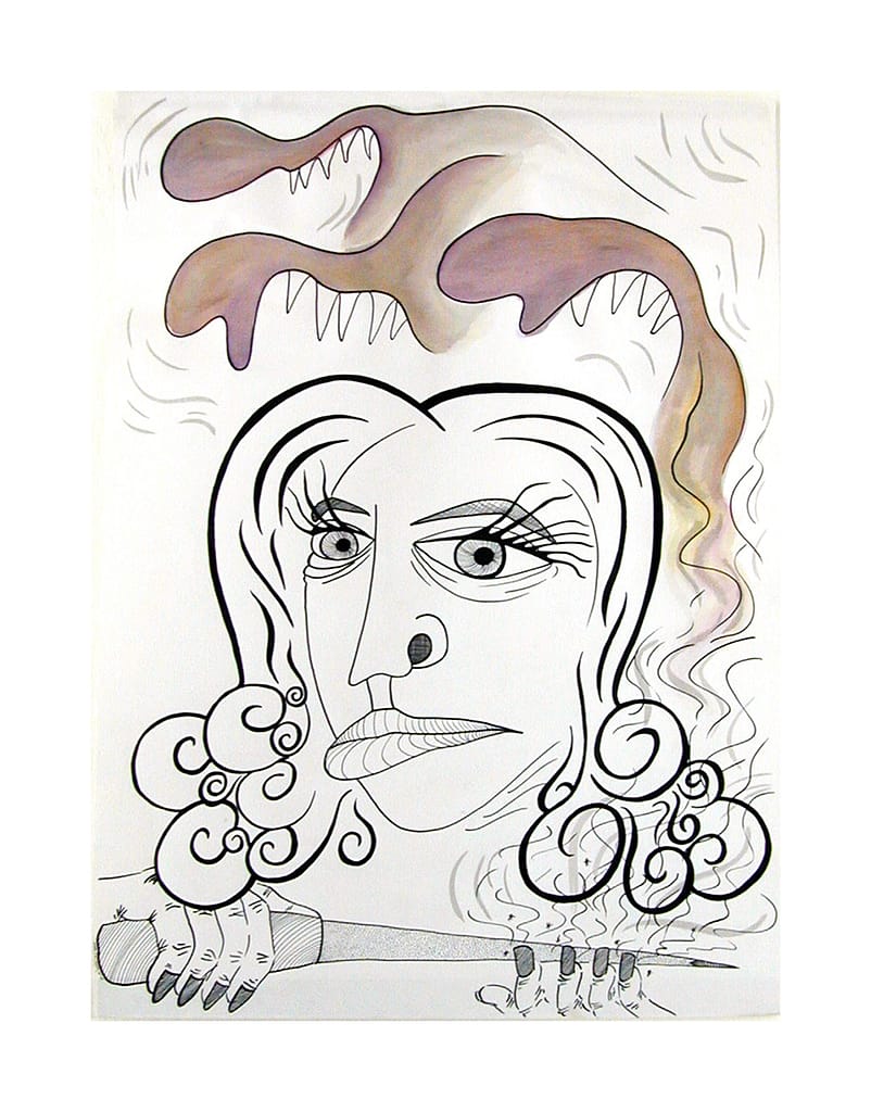 Ink design of a woman styling her nails