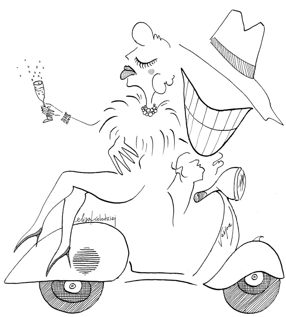 Ink design of a vespa with a two tango dancers