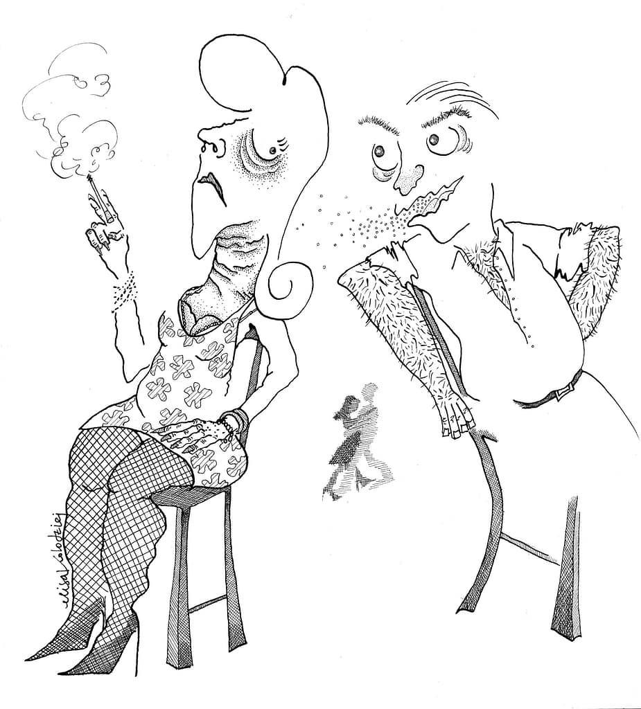 Ink design on paper of a men trying to pick up a lady in a milonga