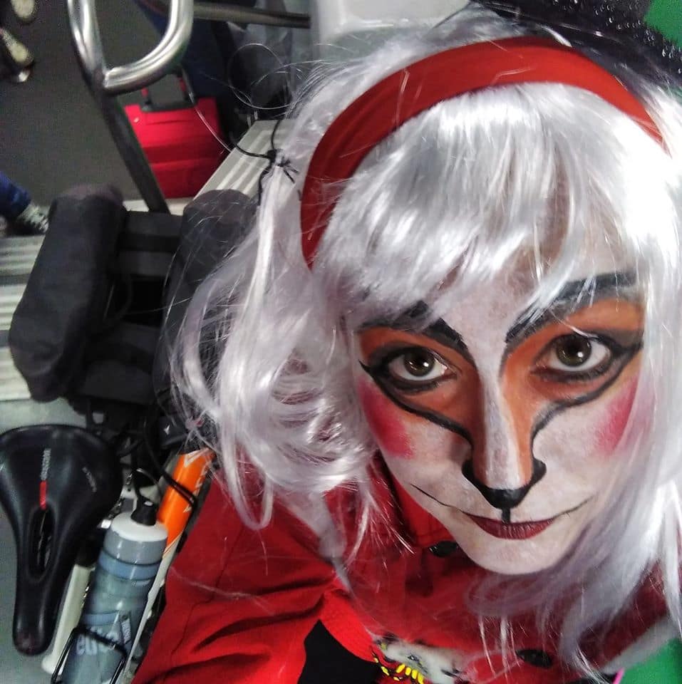 bika selfie dressed up for halloween as a fox with a red band and white hair